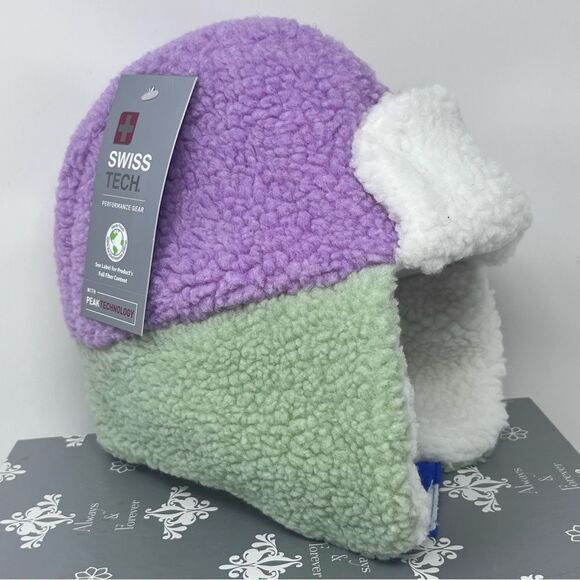 Swiss Tech Pastel Green Purple Fleece Trapper Hat NWT - Picture 1 of 9